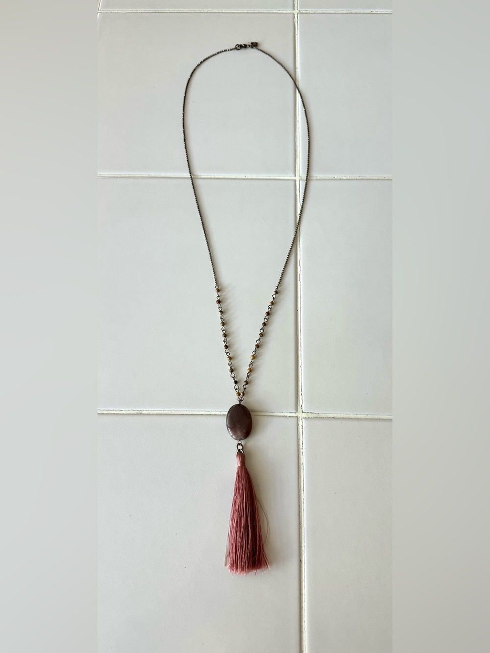 Banana Republic Long Pink Brown Beaded Tassel Statement Necklace - Picture 2 of 6